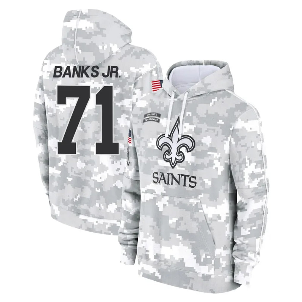 Johmsee NO.Saints #71 Kelvin Banks Jr. Player Arctic Camo Salute to Service Pullover Hoodies Limited Game Stitched Jerseys