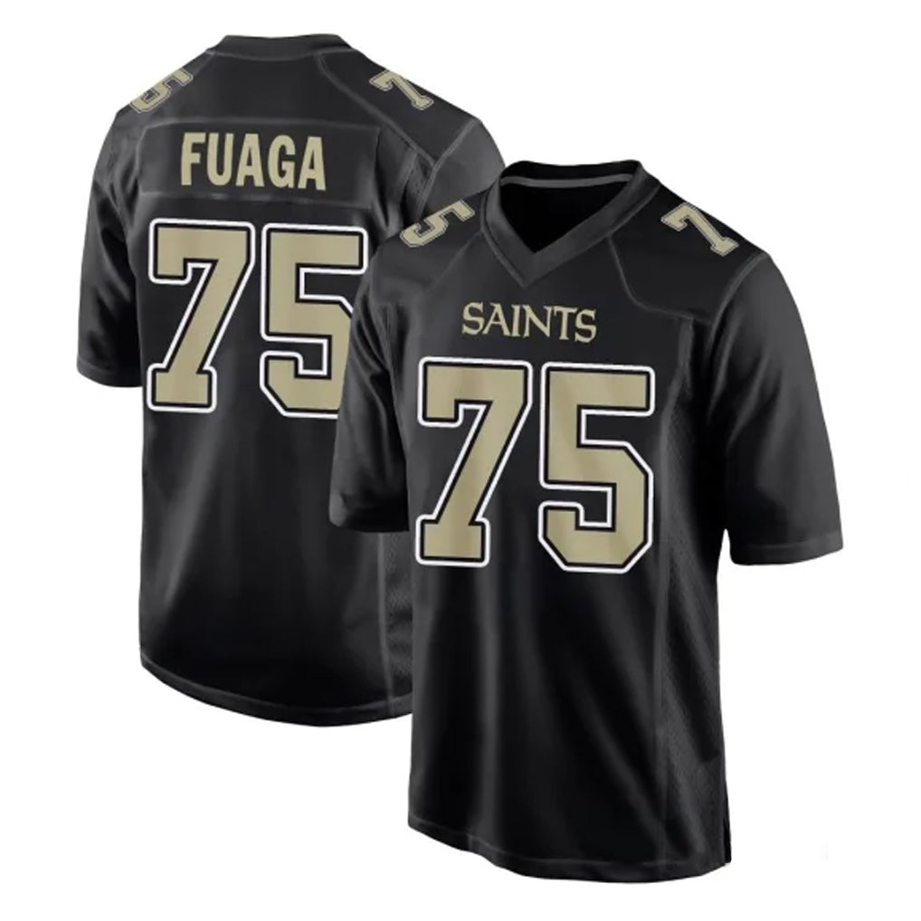 Johmsee NO.Saints #75 Taliese Fuaga Player Black Carbon Fashion Home Game Stitched Jerseys