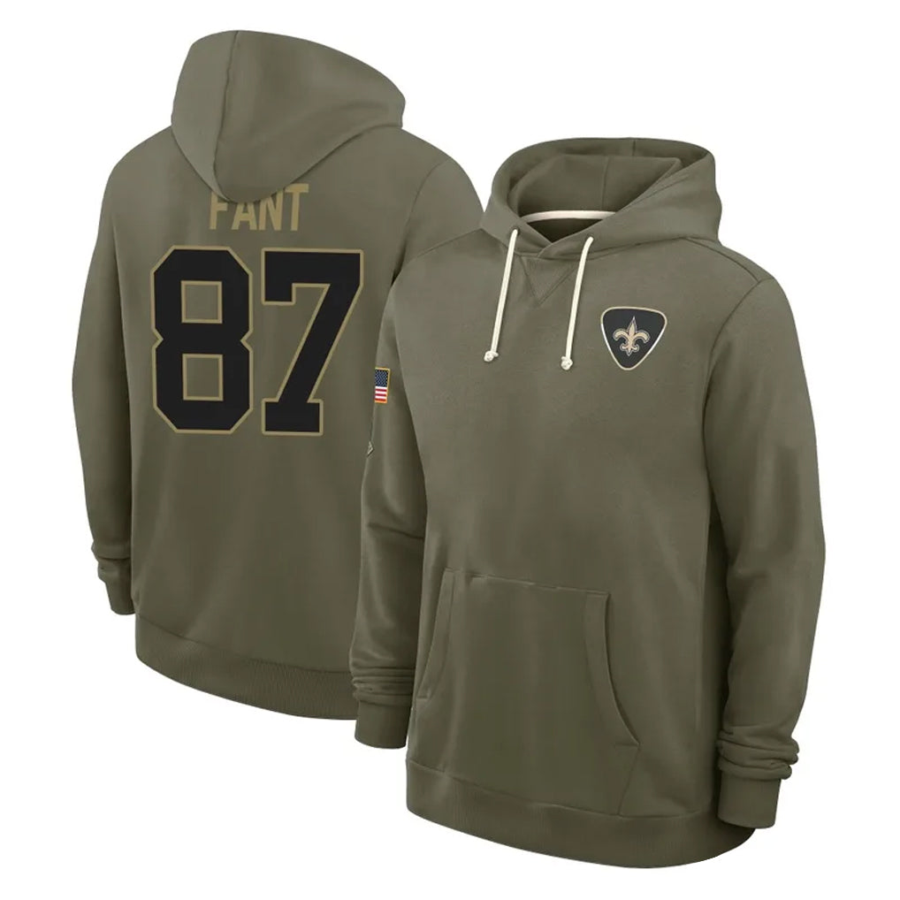 Johmsee NO.Saints #87 Noah Fant Player Olive Salute to Service Pullover Hoodies Limited Stitched Jerseys