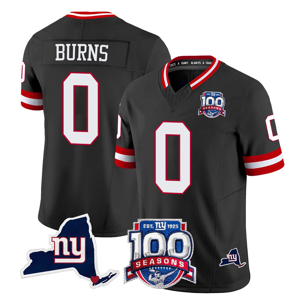 Johmsee NY.Giants #0 Brian Burns Player Black 100th Season & State Patch Vapor Limited Home Game Stitched Jerseys