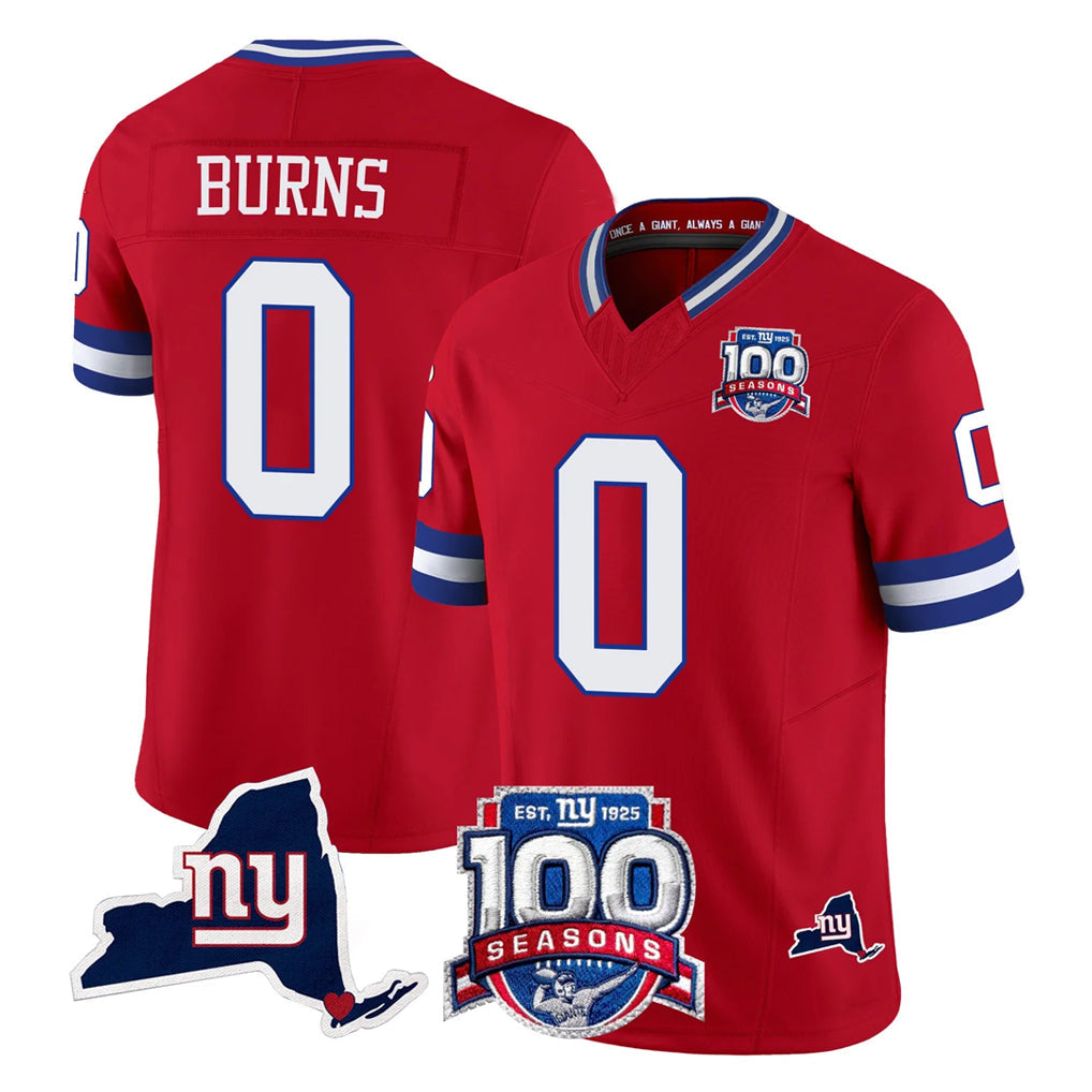 Johmsee NY.Giants #0 Brian Burns Player Red 100th Season & State Patch Vapor Limited Home Game Stitched Jerseys
