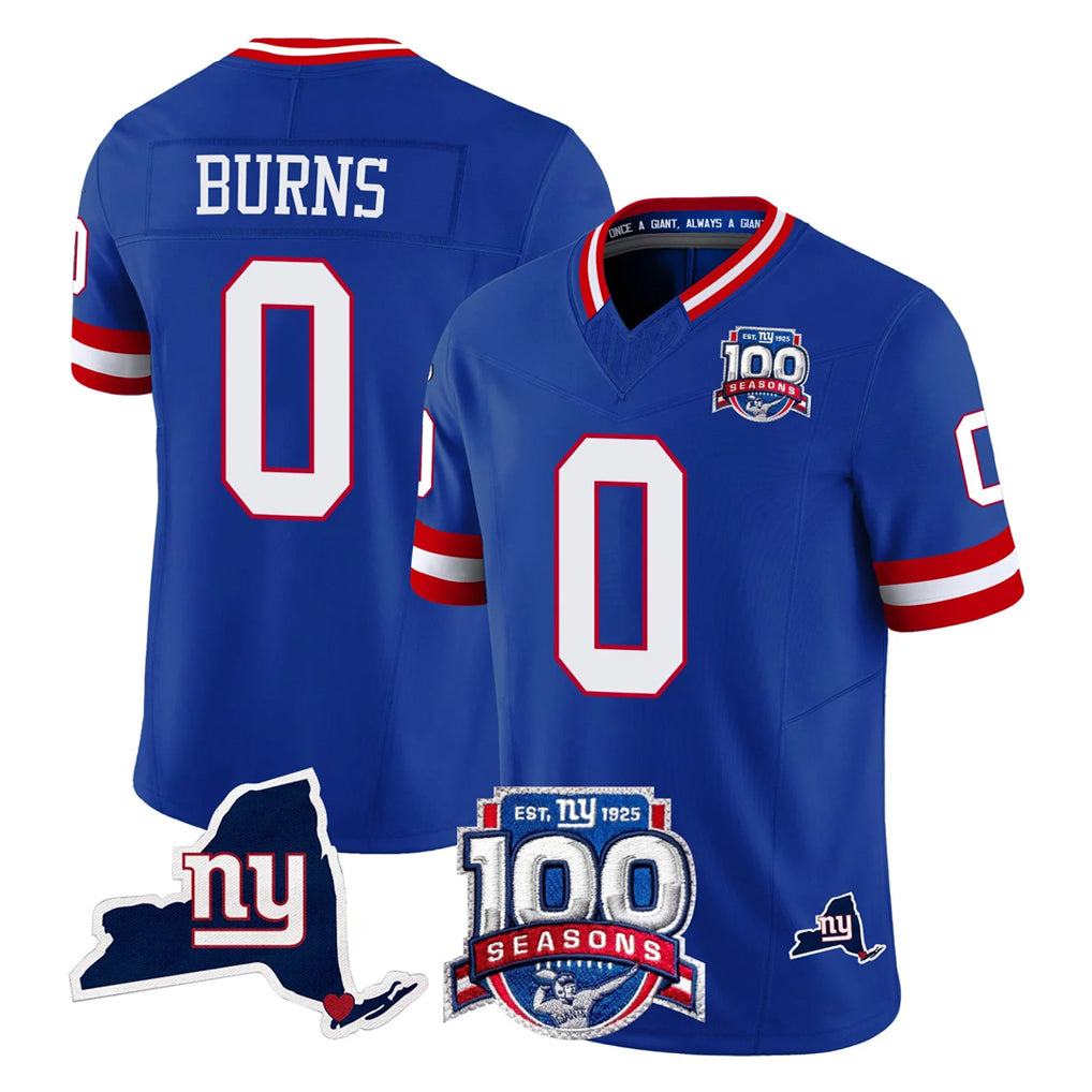 Johmsee NY.Giants #0 Brian Burns Player Royal 100th Season & State Patch Vapor Limited Home Game Stitched Jerseys
