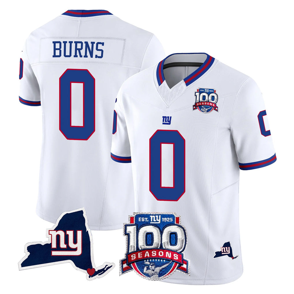 Johmsee NY.Giants #0 Brian Burns Player White 100th Season & State Patch Vapor Limited Home Game Stitched Jerseys