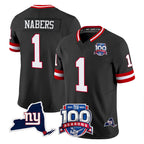 Johmsee NY.Giants #1 Malik Nabers Player Black 100th Season & State Patch Vapor Limited Home Game Stitched Jerseys