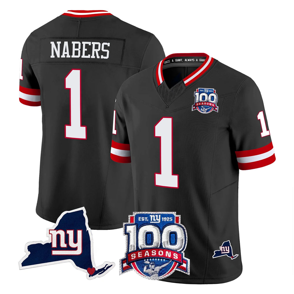 Johmsee NY.Giants #1 Malik Nabers Player Black 100th Season & State Patch Vapor Limited Home Game Stitched Jerseys