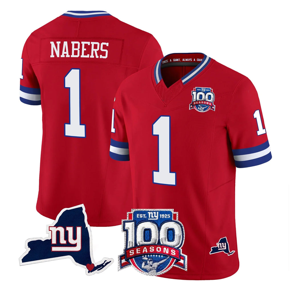 Johmsee NY.Giants #1 Malik Nabers Player Red 100th Season & State Patch Vapor Limited Home Game Stitched Jerseys