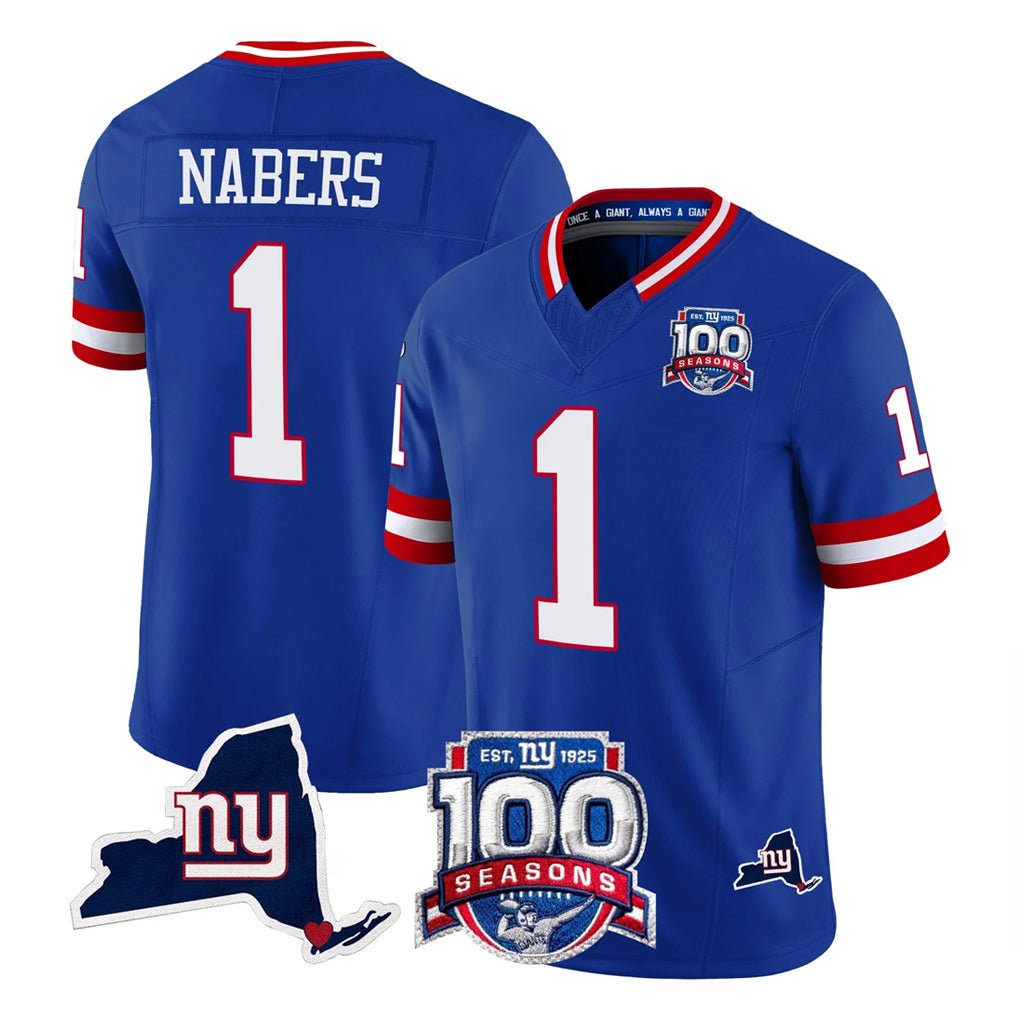 Johmsee NY.Giants #1 Malik Nabers Player Royal 100th Season & State Patch Vapor Limited Home Game Stitched Jerseys