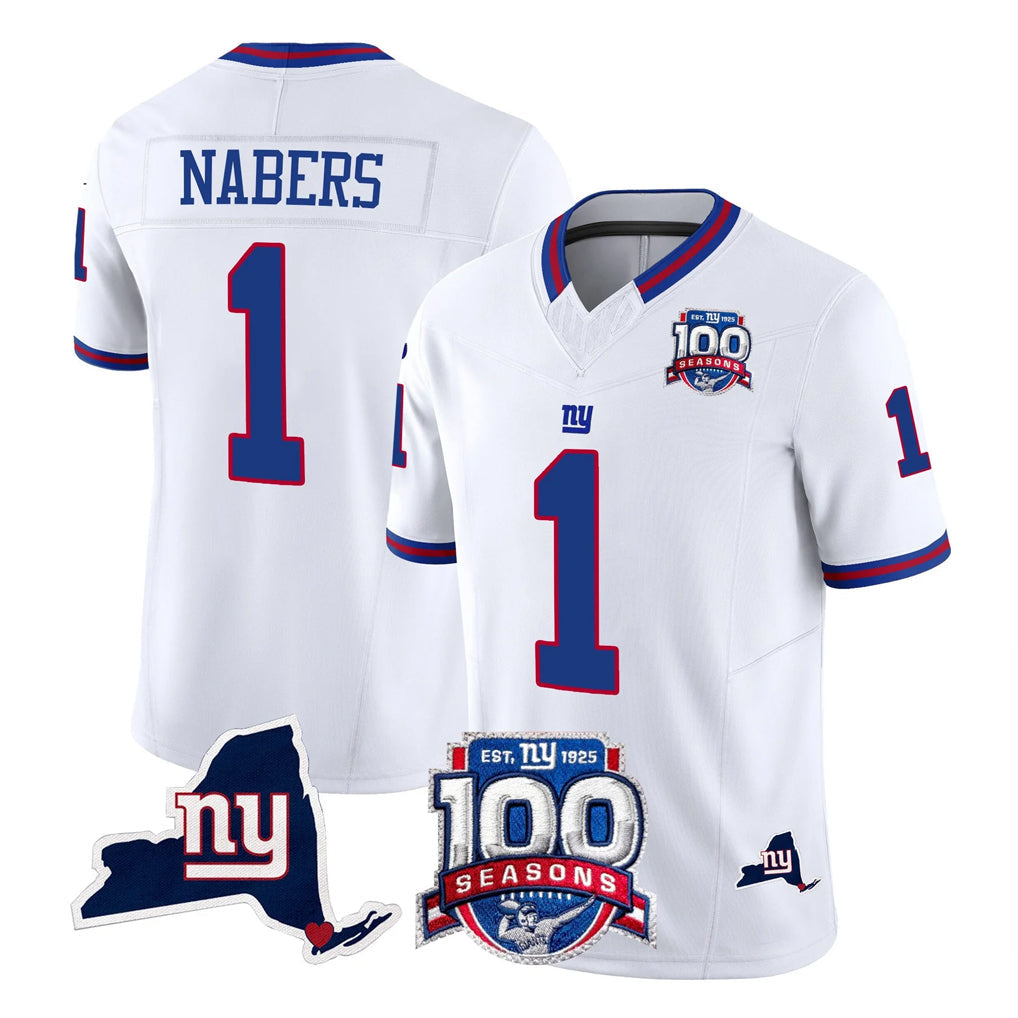 Johmsee NY.Giants #1 Malik Nabers Player White 100th Season & State Patch Vapor Limited Home Game Stitched Jerseys