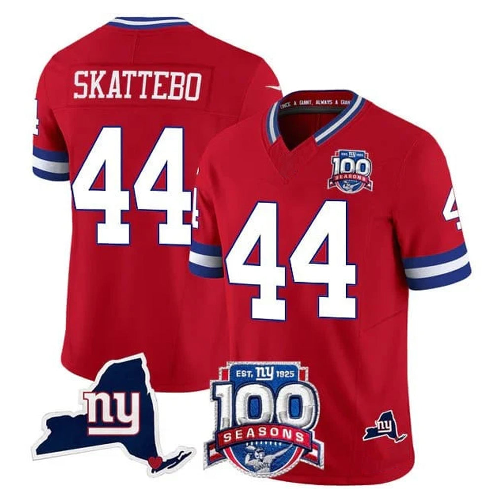 Johmsee NY.Giants #44 Cam Skattebo Player Red 100th Season & State Patch Vapor Limited Home Game Stitched Jerseys