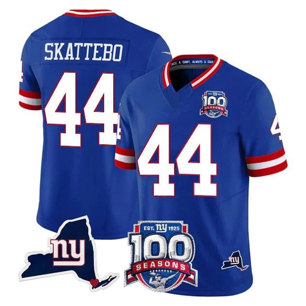 Johmsee NY.Giants #44 Cam Skattebo Player Royal 100th Season & State Patch Vapor Limited Home Game Stitched Jerseys