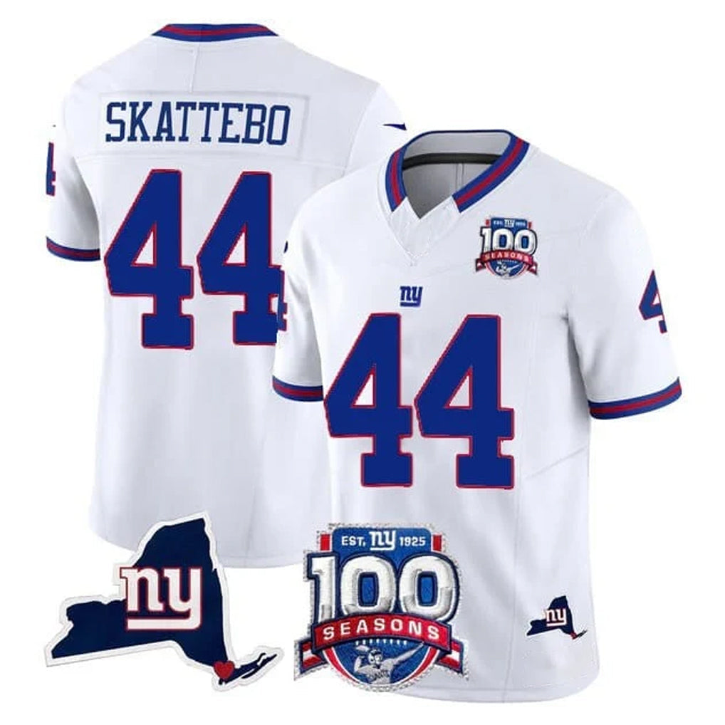 Johmsee NY.Giants #44 Cam Skattebo Player White 100th Season & State Patch Vapor Limited Home Game Stitched Jerseys