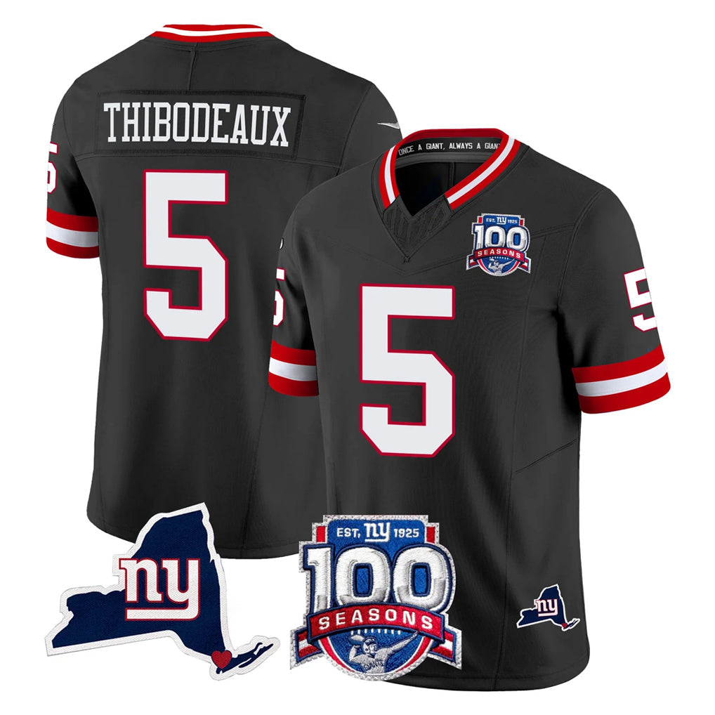 Johmsee NY.Giants #5 Kayvon Thibodeaux Player Black 100th Season & State Patch Vapor Limited Home Game Stitched Jerseys