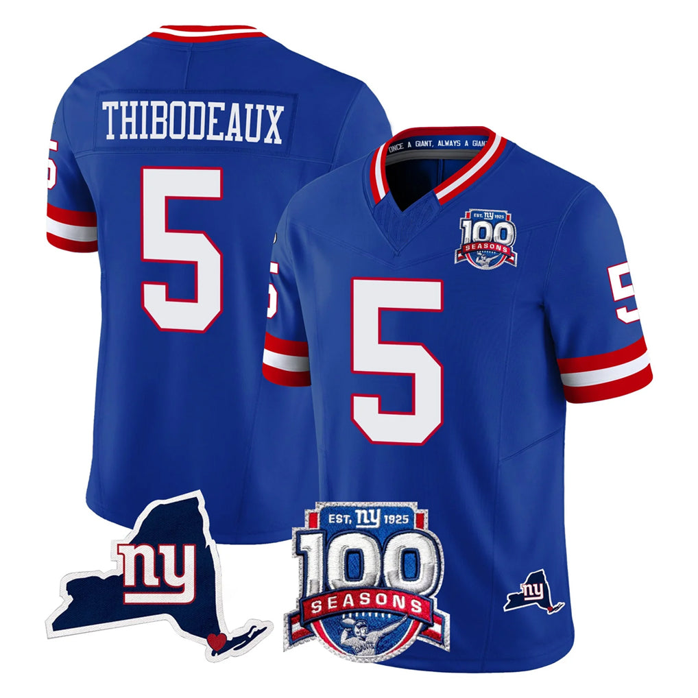 Johmsee NY.Giants #5 Kayvon Thibodeaux Player Royal 100th Season & State Patch Vapor Limited Home Game Stitched Jerseys
