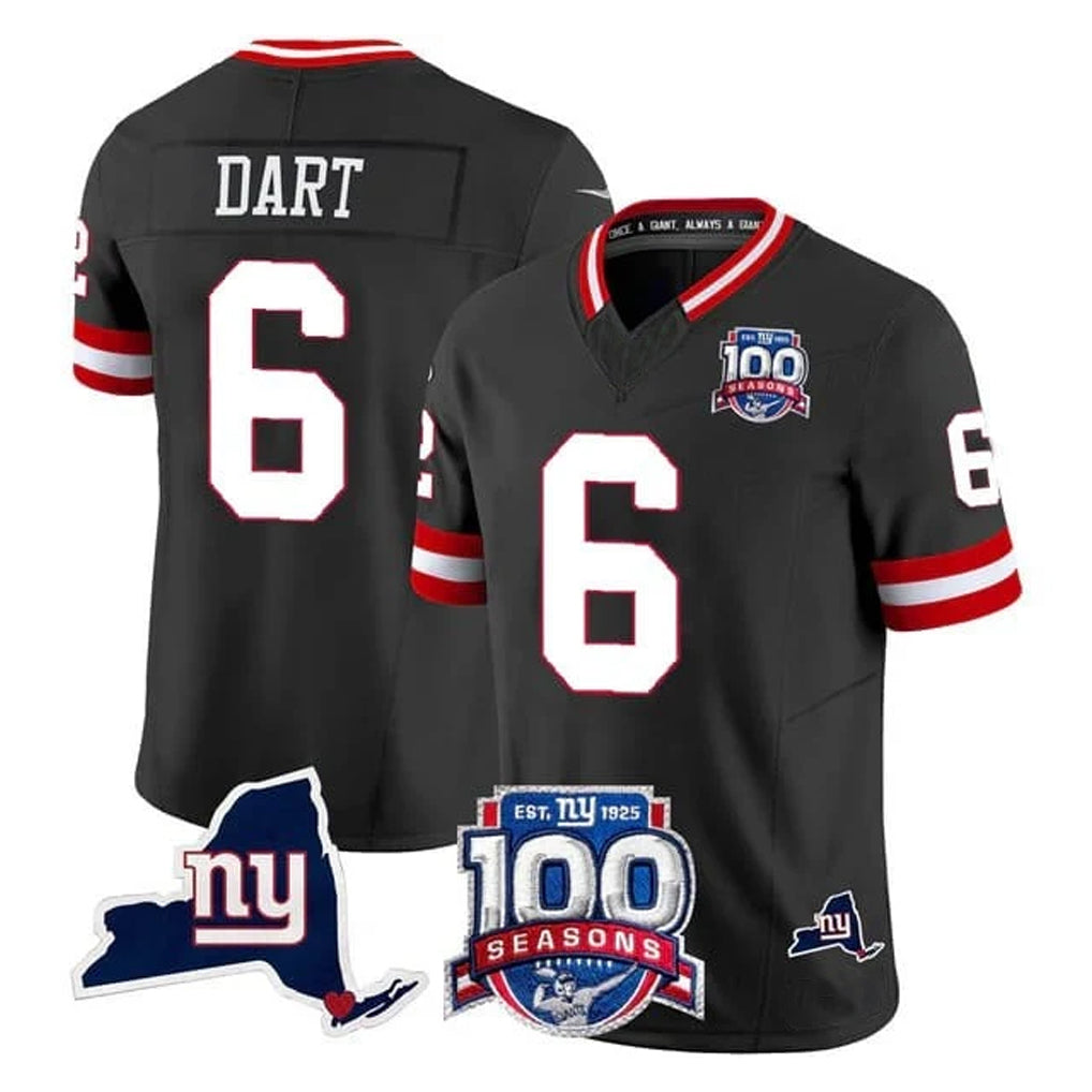 Johmsee NY.Giants #6 Jaxson Dart Player Black 100th Season & State Patch Vapor Limited Home Game Stitched Jerseys