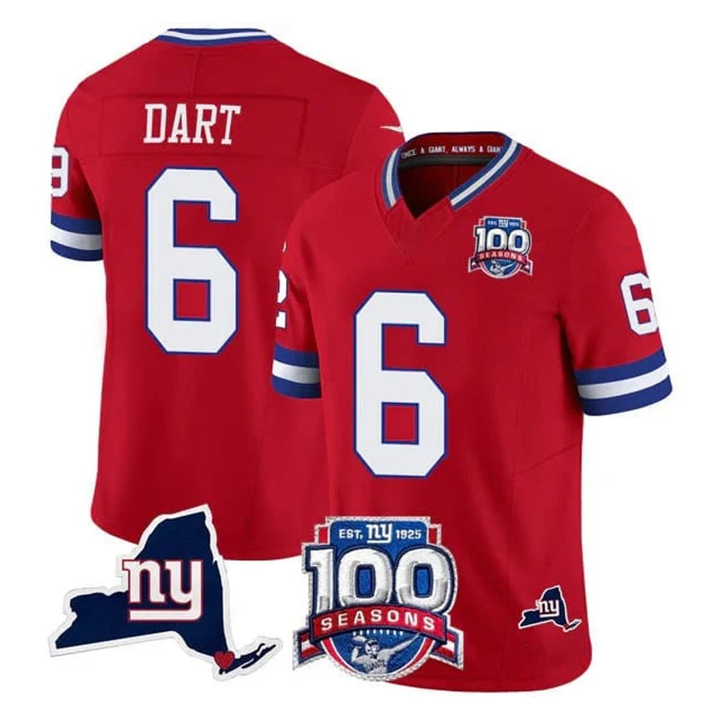 Johmsee NY.Giants #6 Jaxson Dart Player Red 100th Season & State Patch Vapor Limited Home Game Stitched Jerseys