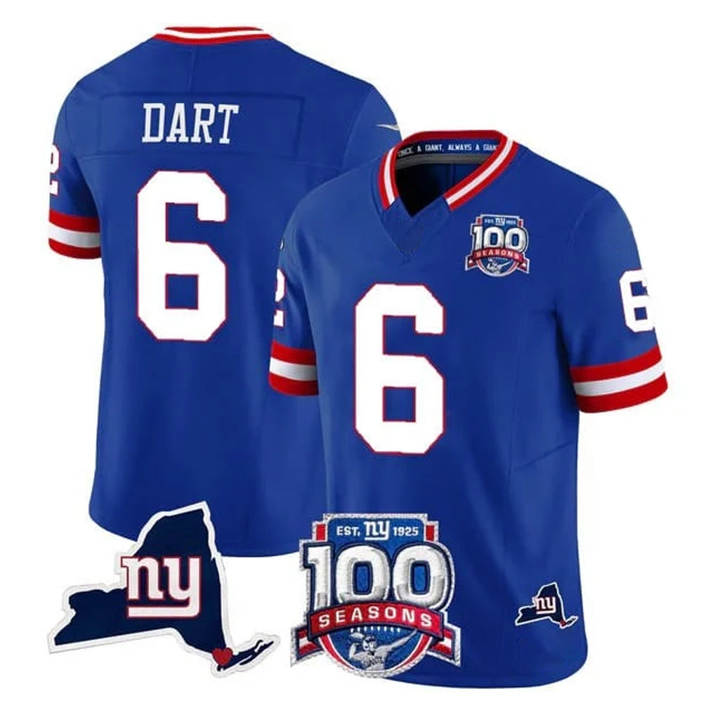 Johmsee NY.Giants #6 Jaxson Dart Player Royal 100th Season & State Patch Vapor Limited Home Game Stitched Jerseys
