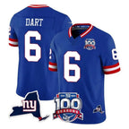 Johmsee NY.Giants #6 Jaxson Dart Player Royal 100th Season & State Patch Vapor Limited Home Game Stitched Jerseys