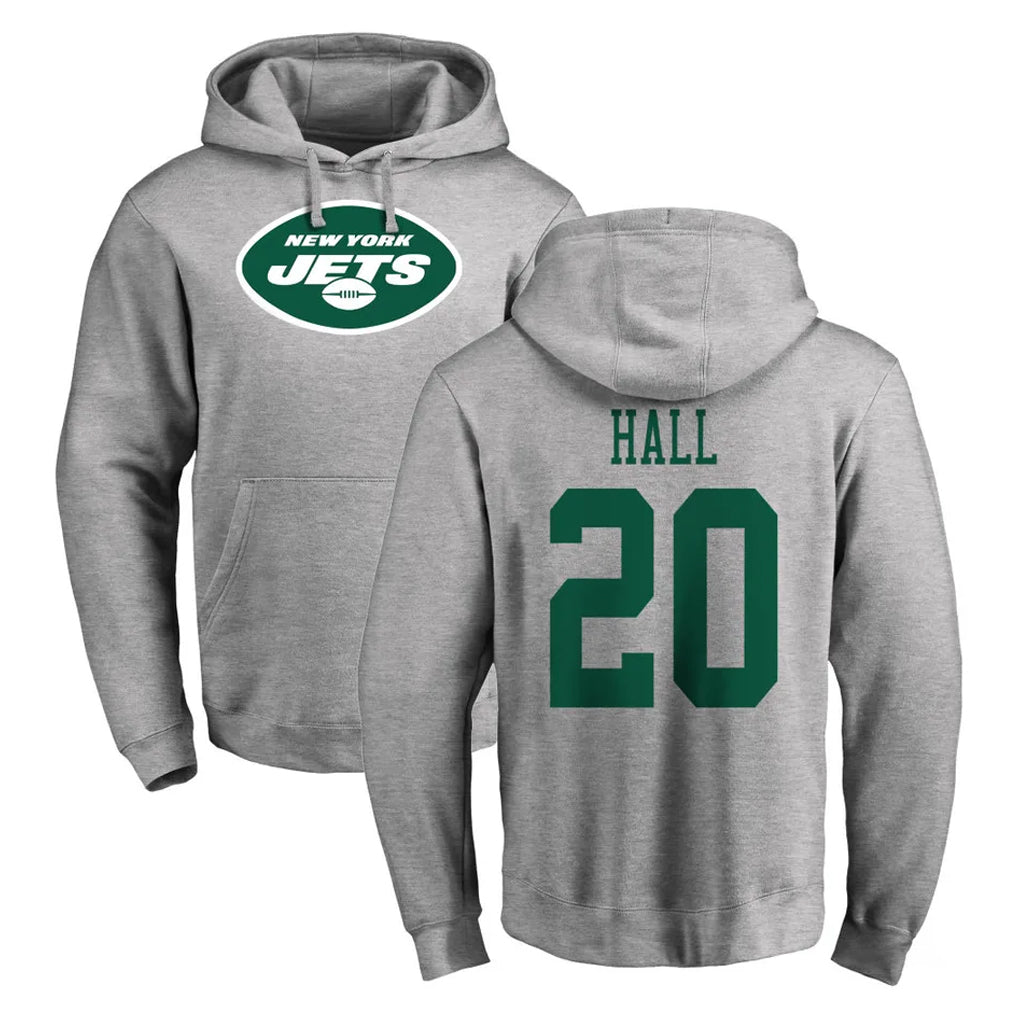 Johmsee NY.Jets #20 Breece Hall Player Gray LOGO Pullover Hoodies Limited Game Stitched Jerseys