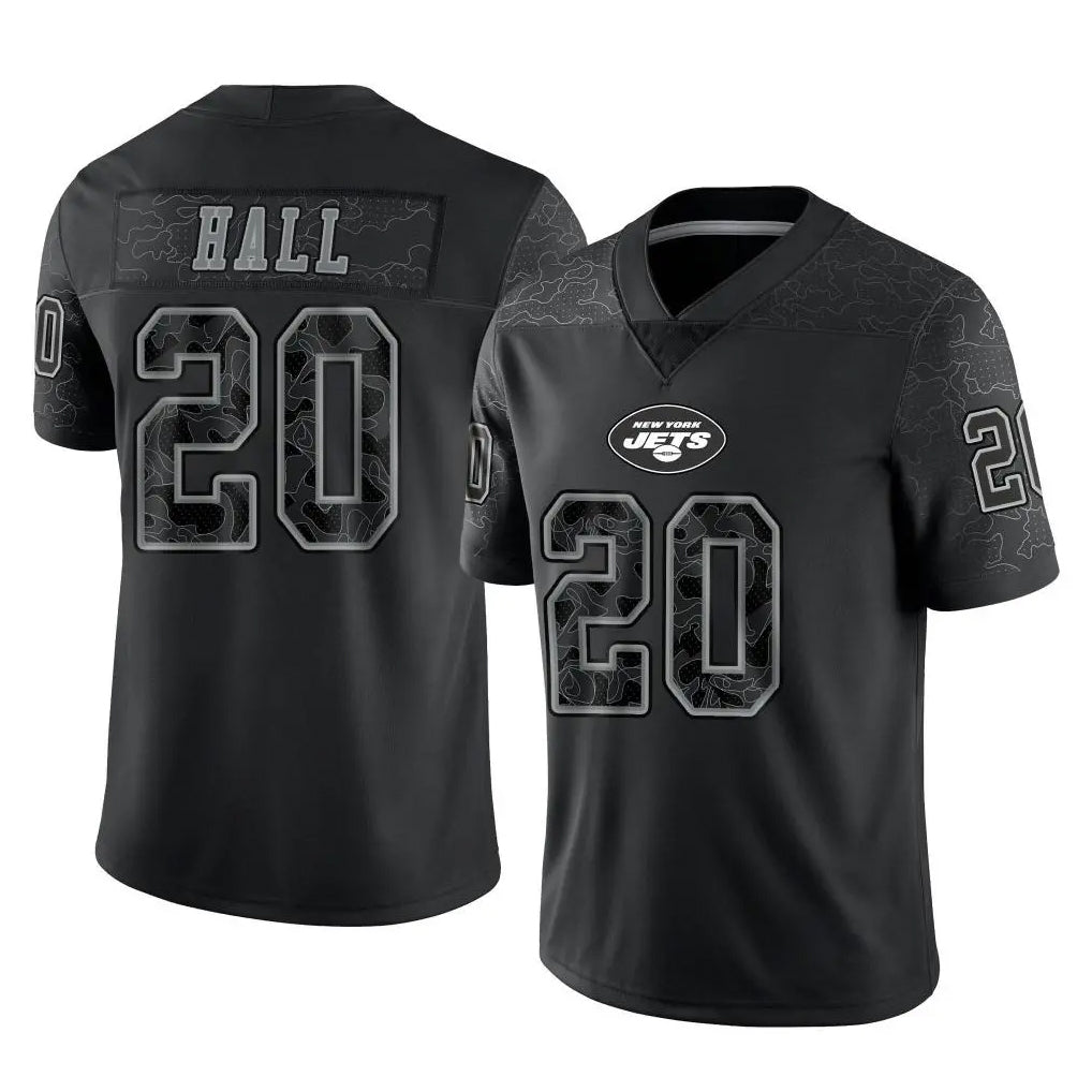 Johmsee NY.Jets #20 Breece Hall Player Stealth Black Limited Reflective Home Game Stitched Jerseys