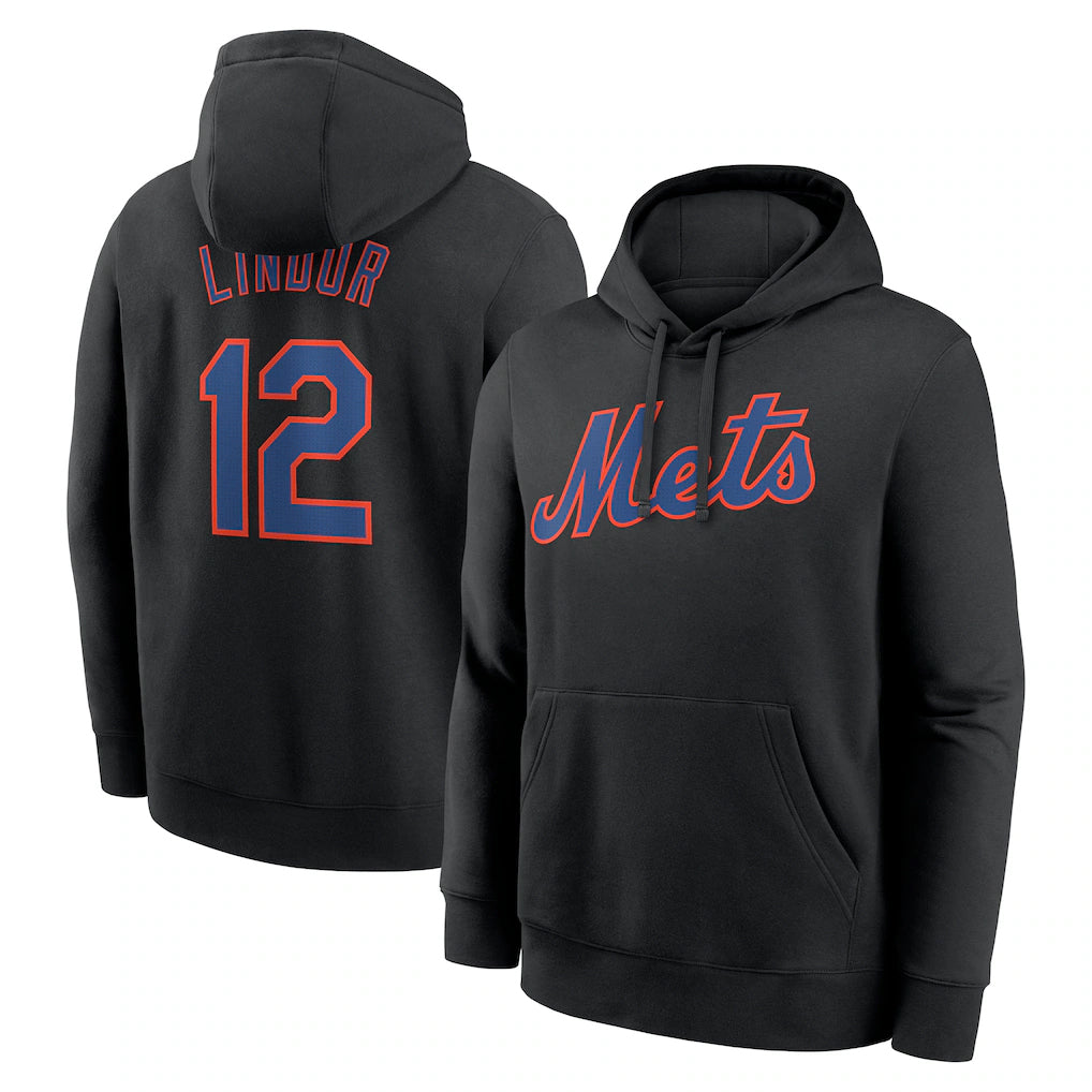 Johmsee NY.Mets #12 Francisco Lindor Player Black Club Pullover Hoodie Game Stitched Jerseys