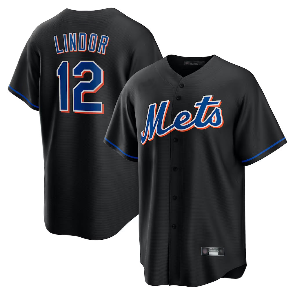 Johmsee NY.Mets #12 Francisco Lindor Player Black Replica Home Game Stitched Jerseys