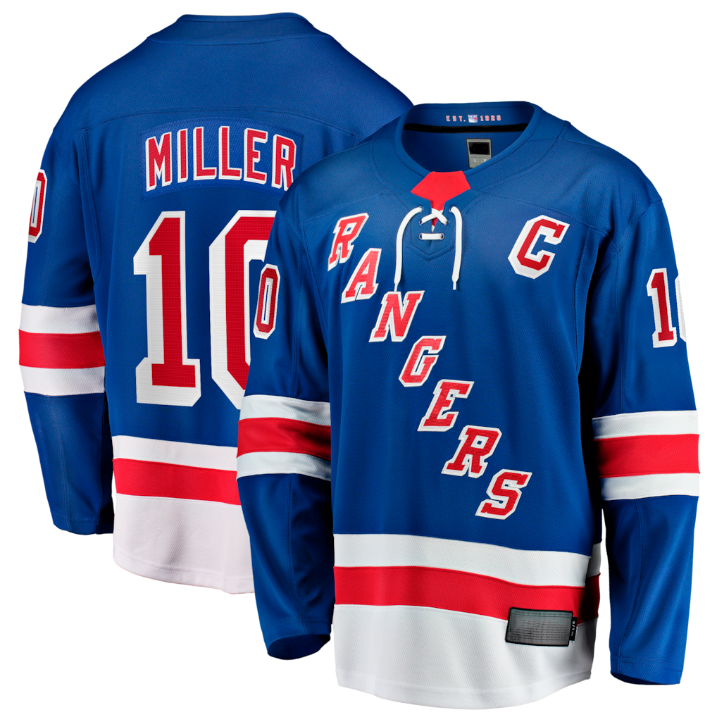 Johmsee NY.Rangers #10 JT Miller Blue Home Captain's Patch Breakaway Jerseys