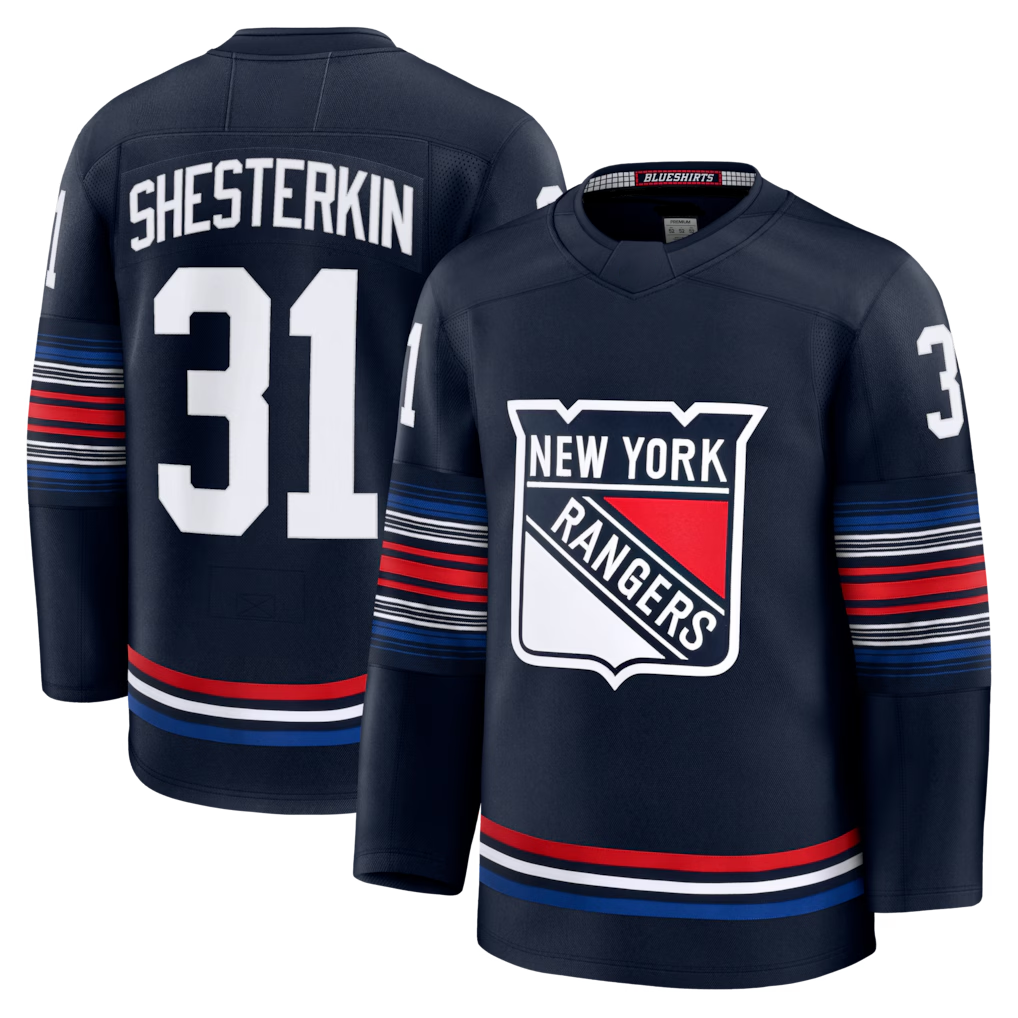 Johmsee NY.Rangers #31 Igor Shesterkin Navy Alternate Premier Player Jerseys