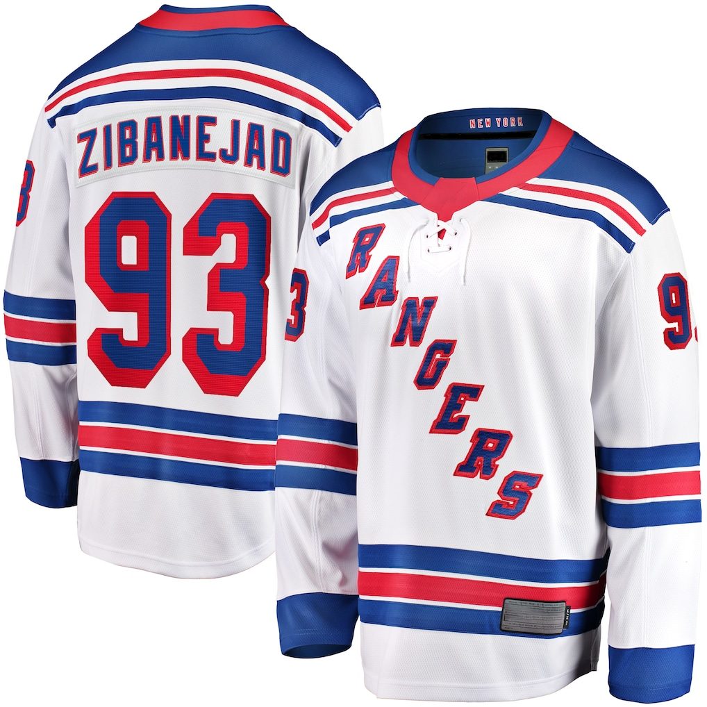 Johmsee NY.Rangers #93 Mika Zibanejad White Away Premier Breakaway Player Jerseys