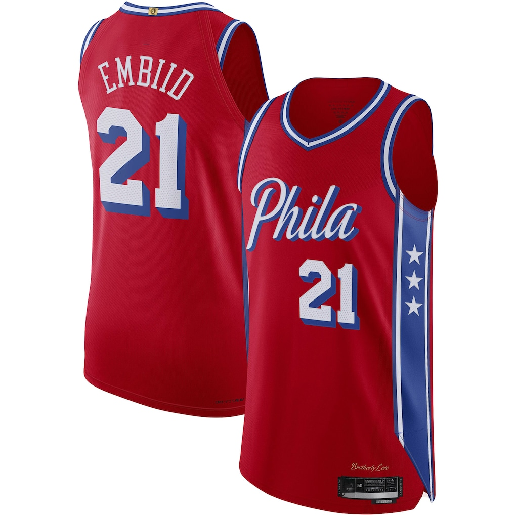 Johmsee P.76ers #21 Joel Embiid Jordan Brand Red Authentic Player Jerseys - Statement Edition