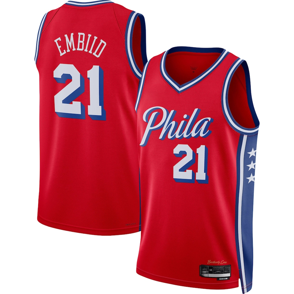 Johmsee P.76ers #21 Joel Embiid Jordan Brand Red Swingman Jerseys - Statement Edition