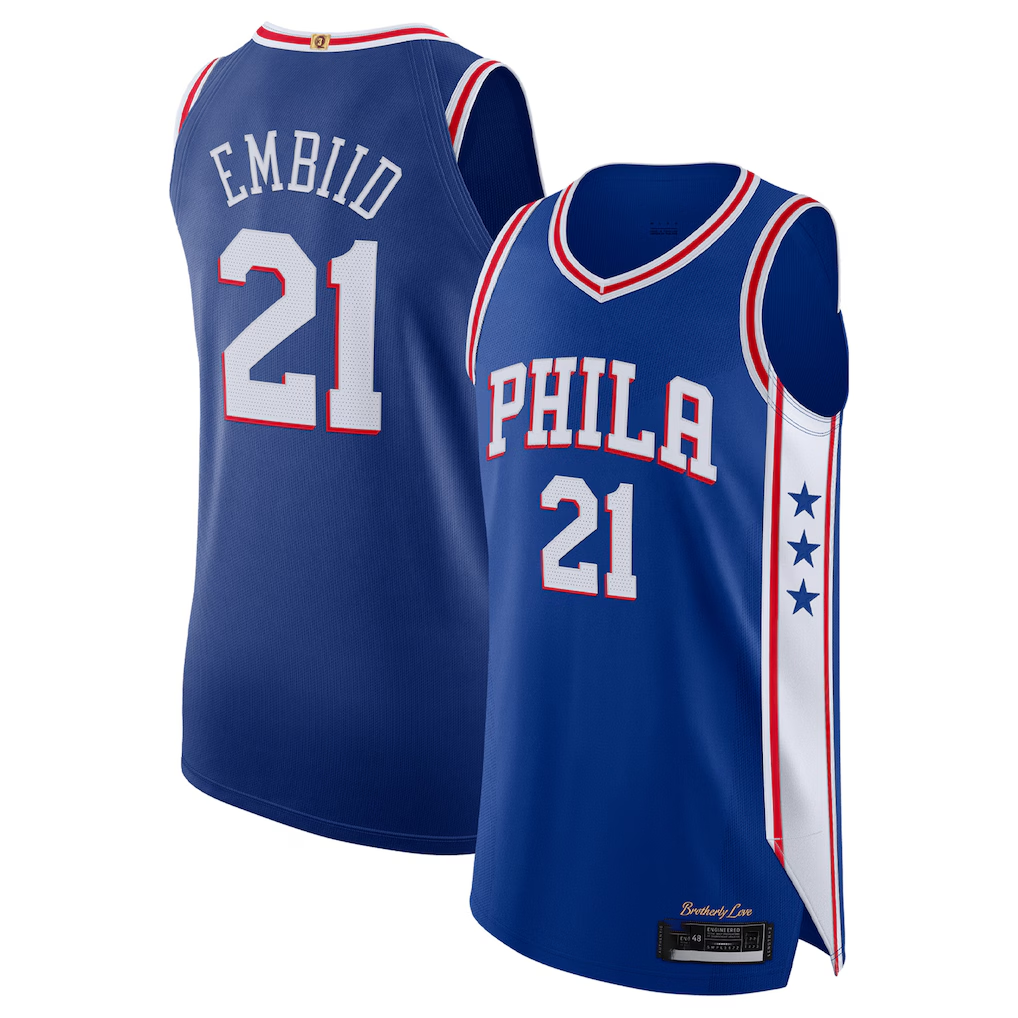 Johmsee P.76ers #21 Joel Embiid Royal Authentic Jerseys - Icon Edition