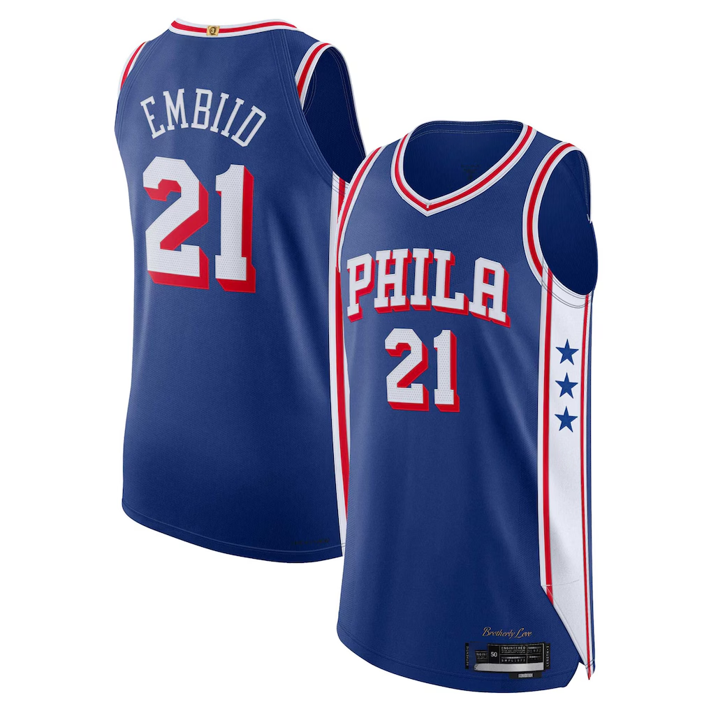 Johmsee P.76ers #21 Joel Embiid Royal Authentic Jerseys - Icon Edition