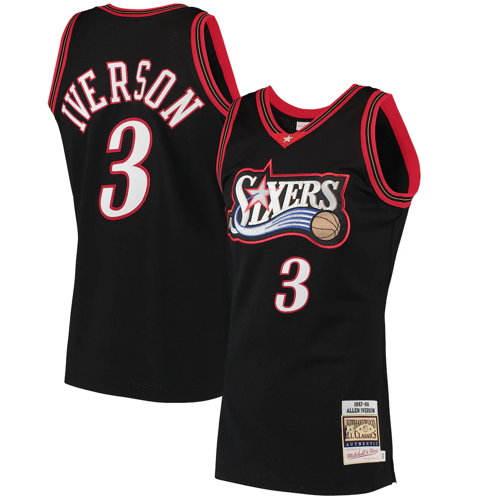 Johmsee P.76ers #3 Allen Iverson Mitchell & Ness Black 1997-98 Hardwood Classics Authentic Jerseys