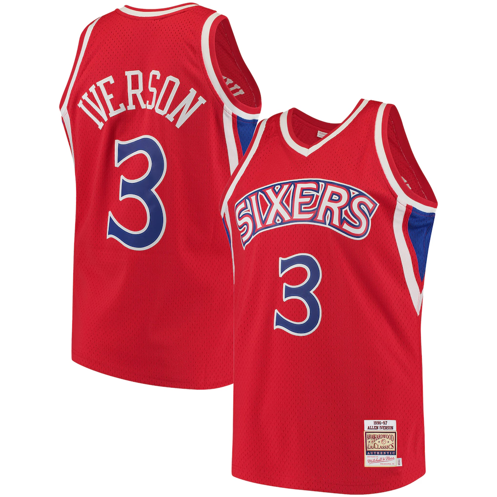 Johmsee P.76ers #3 Allen Iverson Mitchell & Ness Red 199697 Hardwood Classics Authentic Jerseys