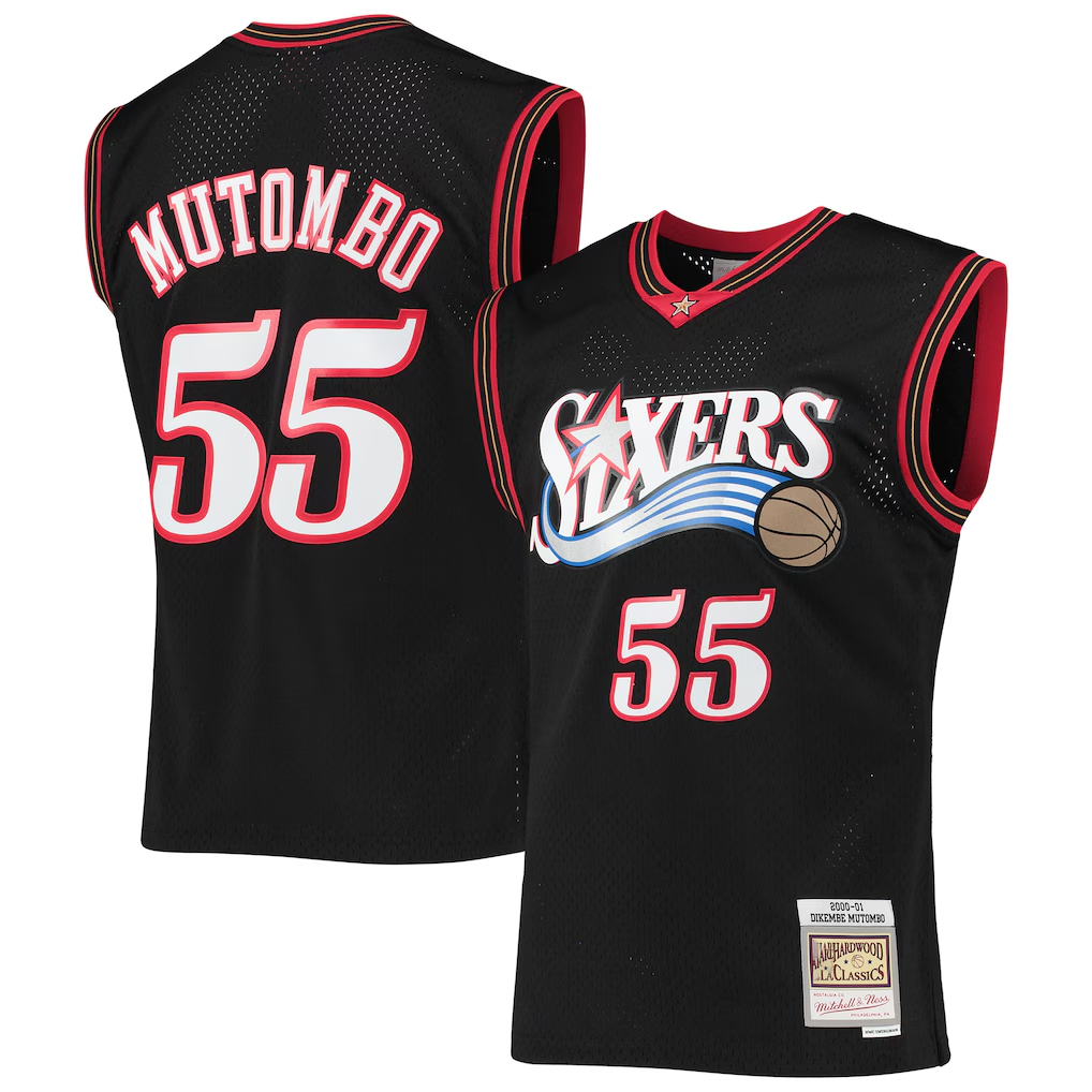 Johmsee P.76ers #55 Dikembe Mutombo Mitchell & Ness Black Hardwood Classics Swingman Jerseys