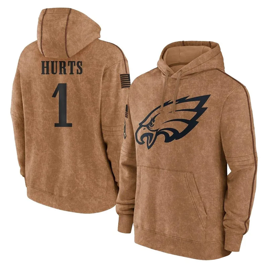 Johmsee P.Eagles #1 Jalen Hurts Player Brown Salute to Service Pullover Hoodies Limited Game Stitched Jerseys