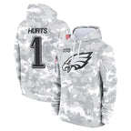 Johmsee P.Eagles #1 Jalen Hurts Player Military Hoodie Arctic Camo Salute To Service Stitched Jerseys