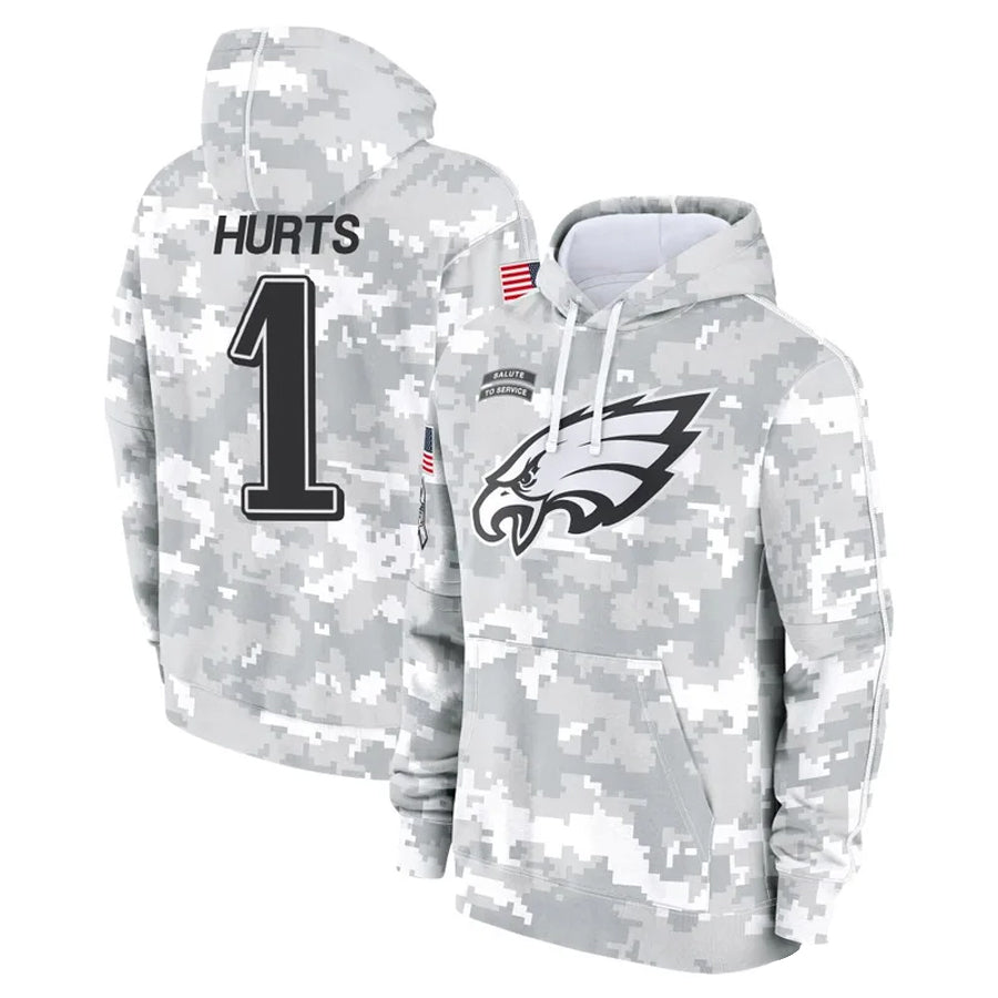 Johmsee P.Eagles #1 Jalen Hurts Player Military Hoodie Arctic Camo Salute To Service Stitched Jerseys