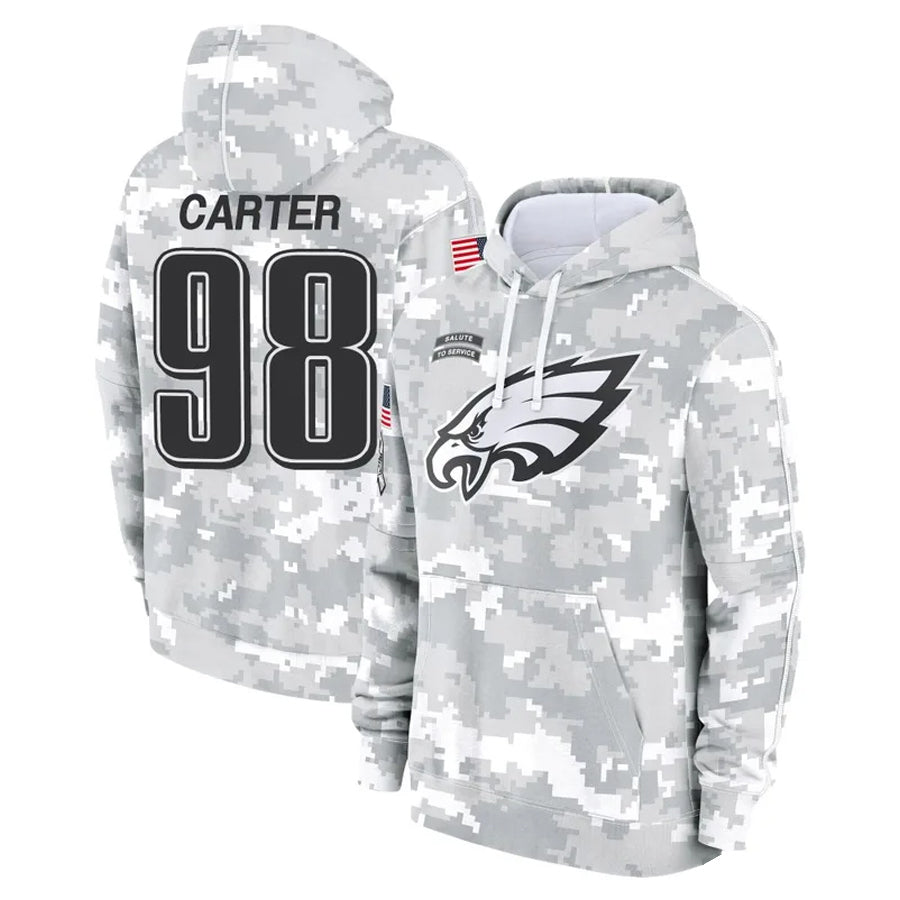 Johmsee P.Eagles #98 Jalen Carter Player Military Hoodie Arctic Camo Salute To Service Stitched Jerseys