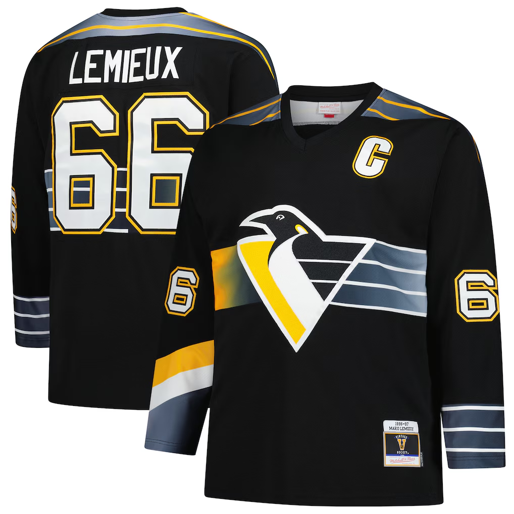 Johmsee P.Penguins #66 Mario Lemieux Mitchell & Ness Black 1996-97 Blue Line 2.0 Jerseys