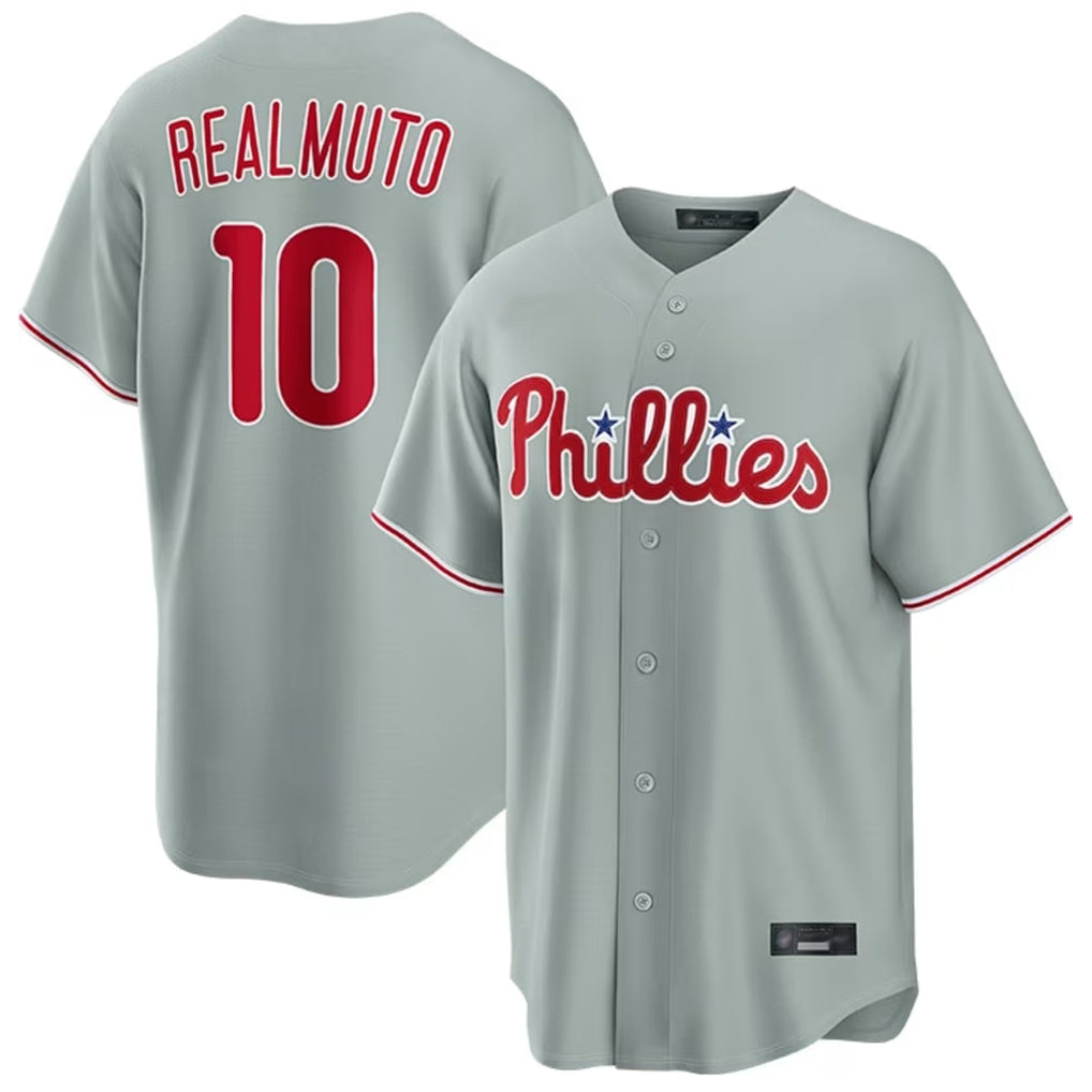 Johmsee P.Phillies #10 J.T. Realmuto Player Gray Home Game Stitched Jerseys