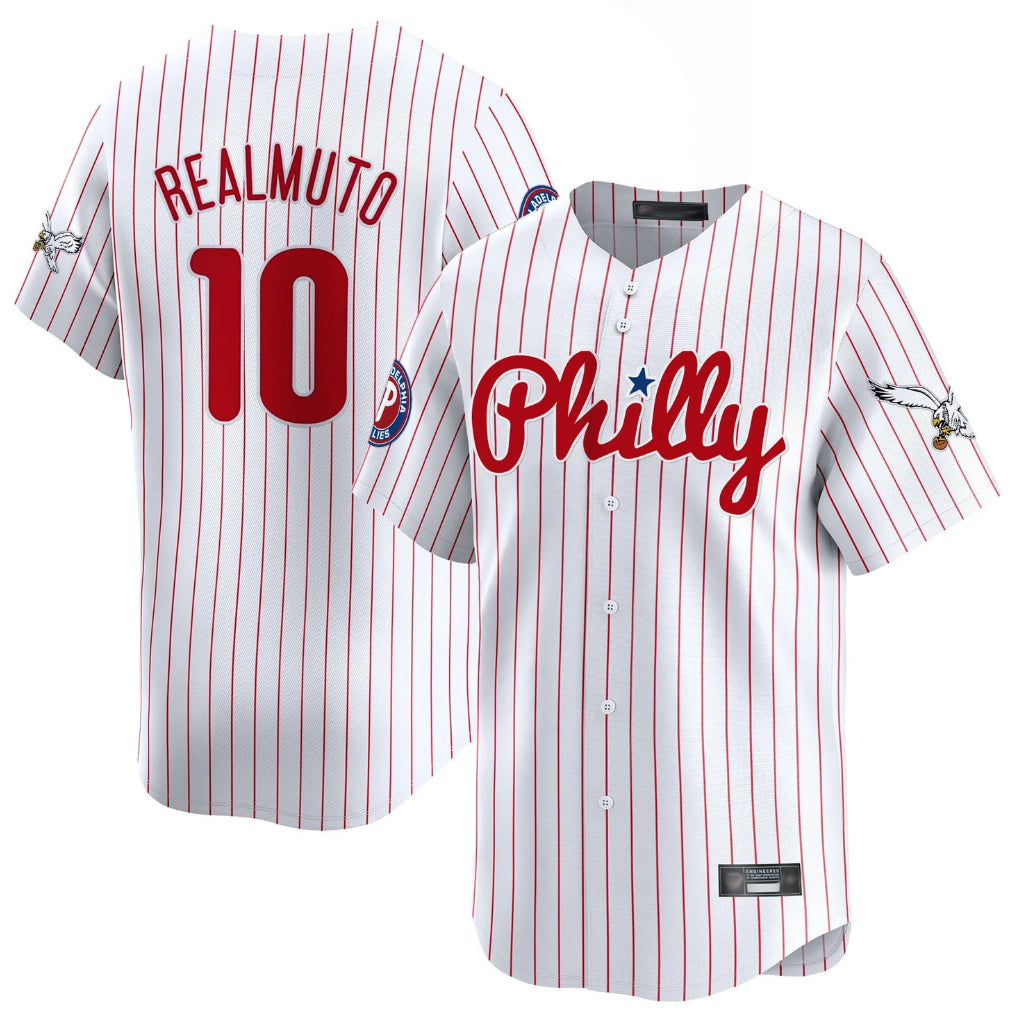 Johmsee P.Phillies #10 J.T. Realmuto Player White Pinstripe Phillies & Eagles Vapor Premier Limited Stitched Jerseys