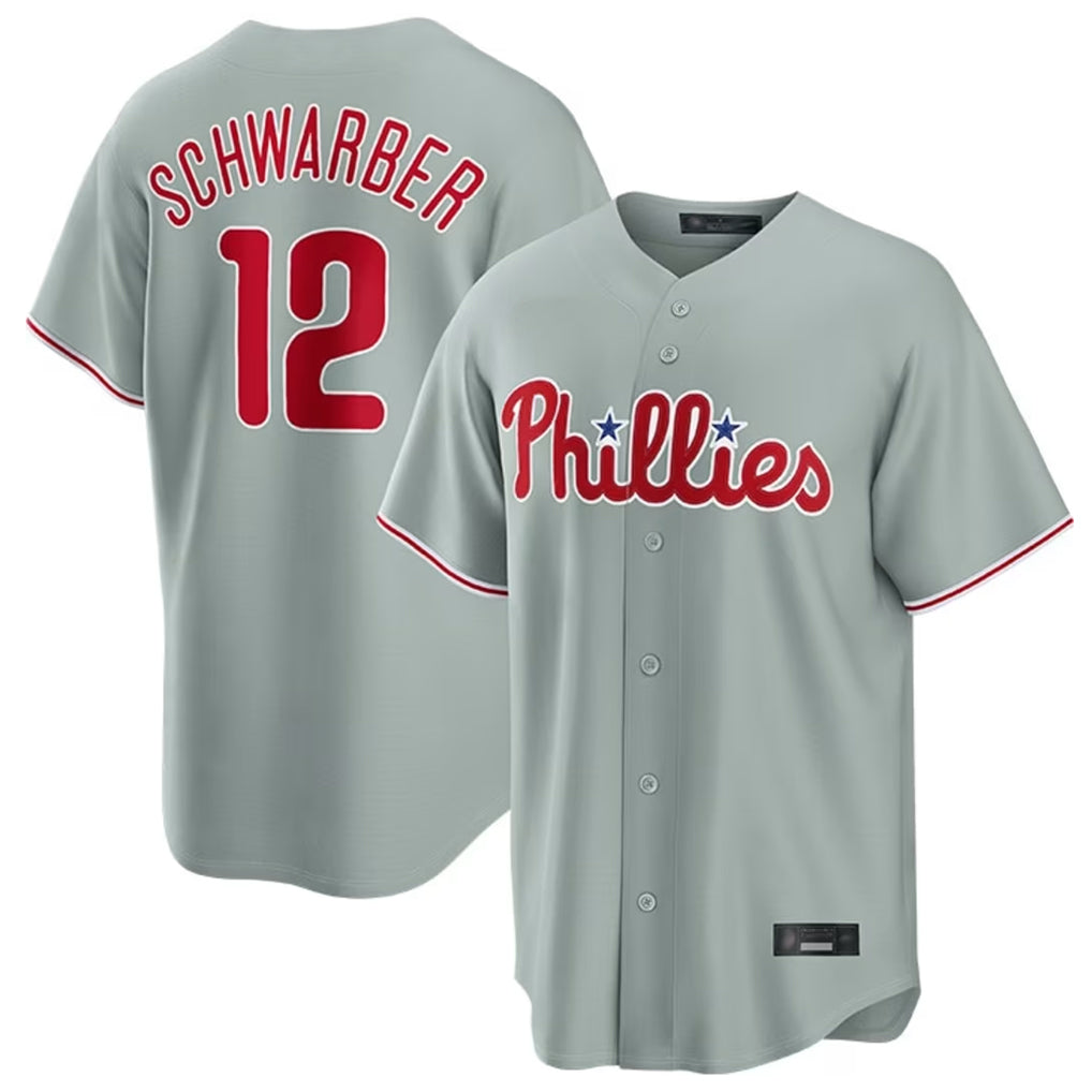 Johmsee P.Phillies #12 Kyle Schwarber Player Gray Home Game Stitched Jerseys