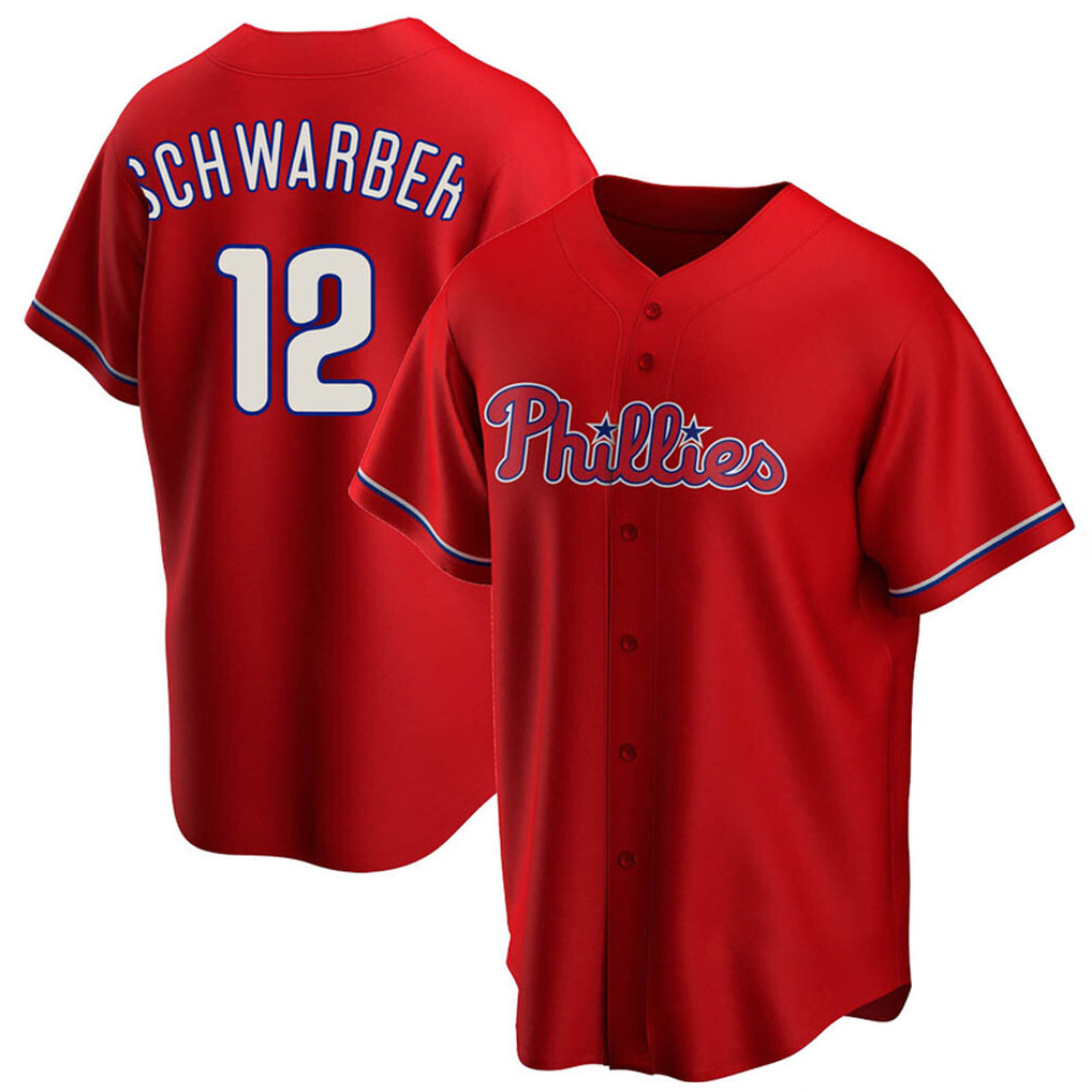 Johmsee P.Phillies #12 Kyle Schwarber Player Red Home Game Stitched Jerseys