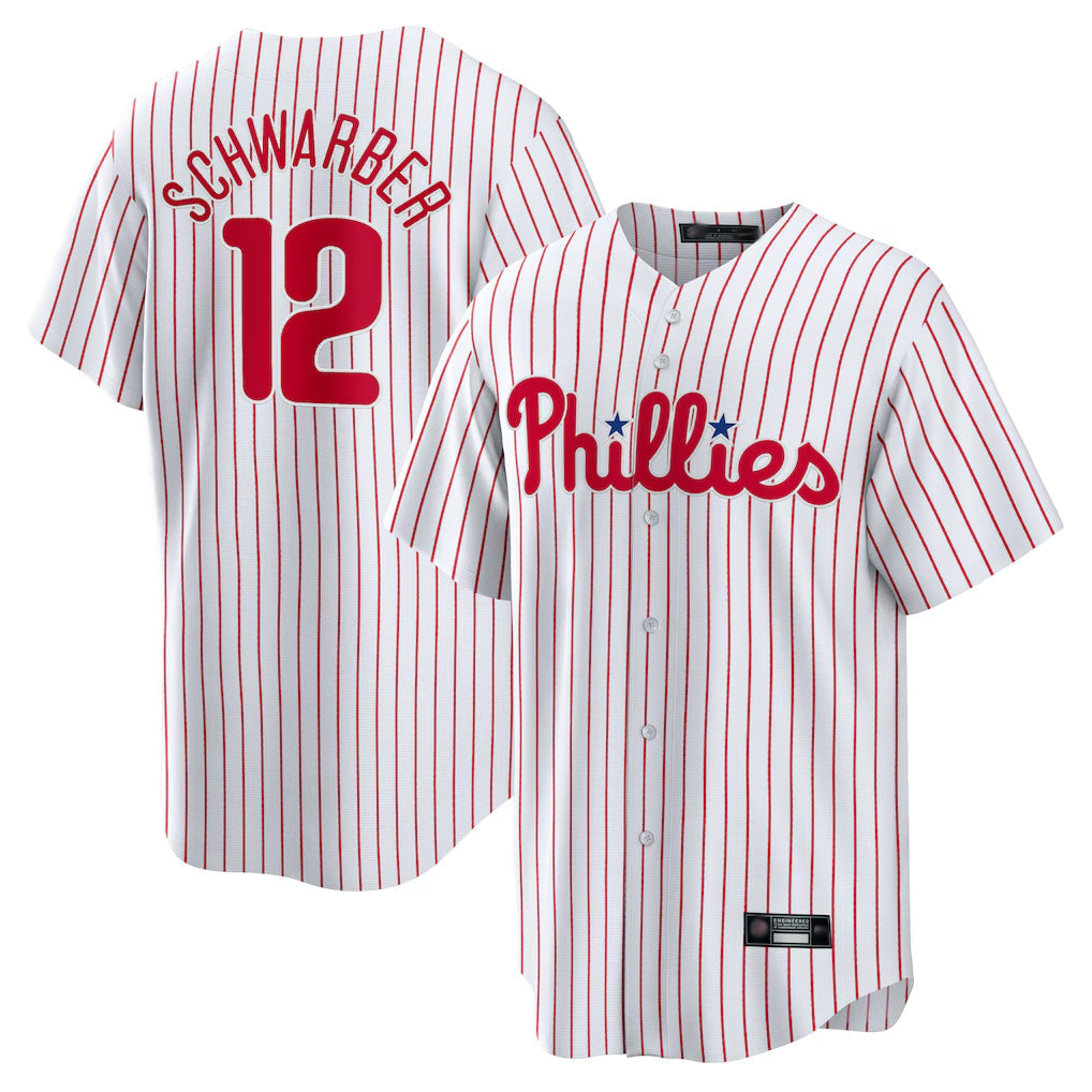 Johmsee P.Phillies #12 Kyle Schwarber Player White Home Game Stitched Jerseys