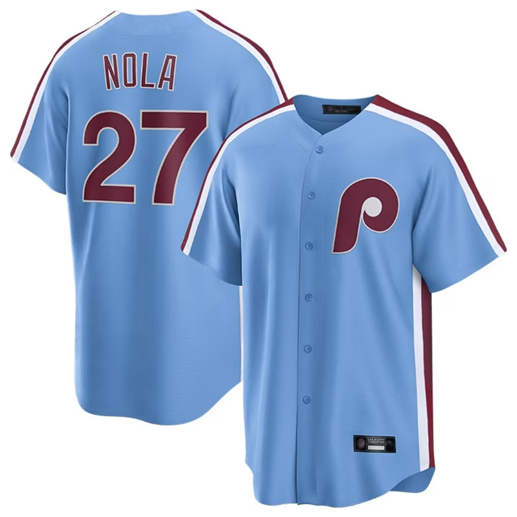 Johmsee P.Phillies #27 Aaron Nola Player Light Blue Home Game Stitched Jerseys