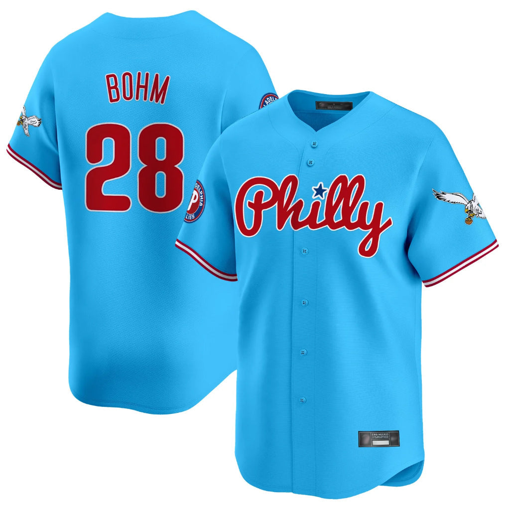 Johmsee P.Phillies #28 Alec Bohm Player Light Blue Phillies & Eagles Vapor Premier Limited Home Stitched Jerseys