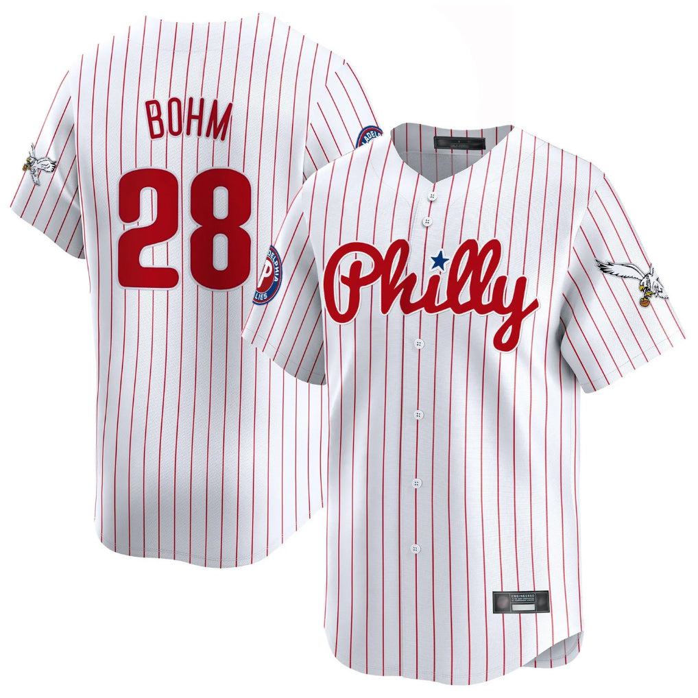 Johmsee P.Phillies #28 Alec Bohm Player White Pinstripe Phillies & Eagles Vapor Premier Limited Stitched Jerseys