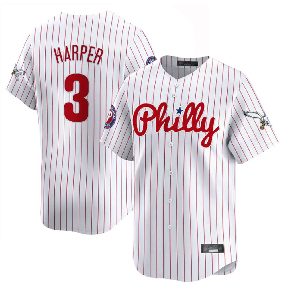 Johmsee P.Phillies #3 Bryce Harper Player White Pinstripe Phillies & Eagles Vapor Premier Limited Stitched Jerseys