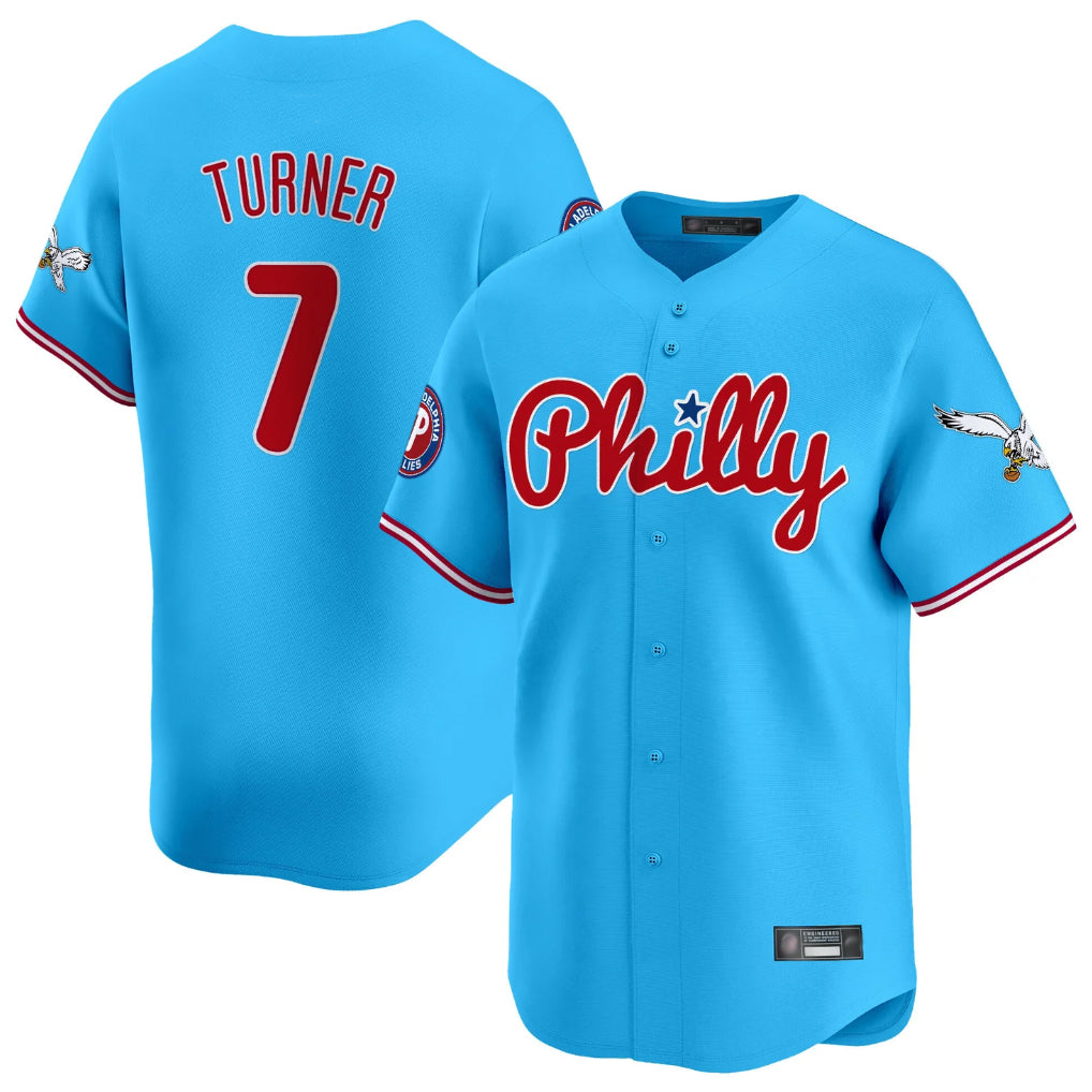 Johmsee P.Phillies #7 Trea Turner Player Light Blue Phillies & Eagles Vapor Premier Limited Stitched Jerseys